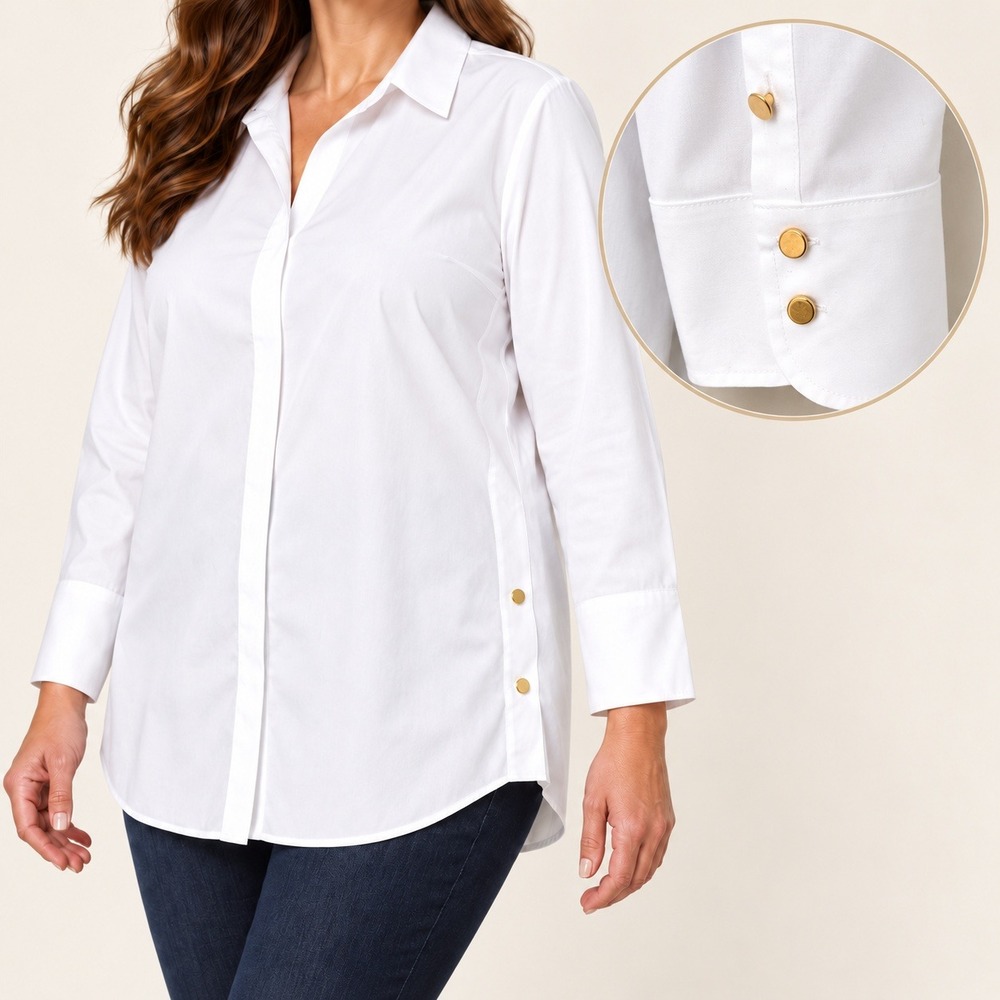 Chico's No Iron White Button Down Tunic Shirt 3 XL Gold Stud Detail Preppy
